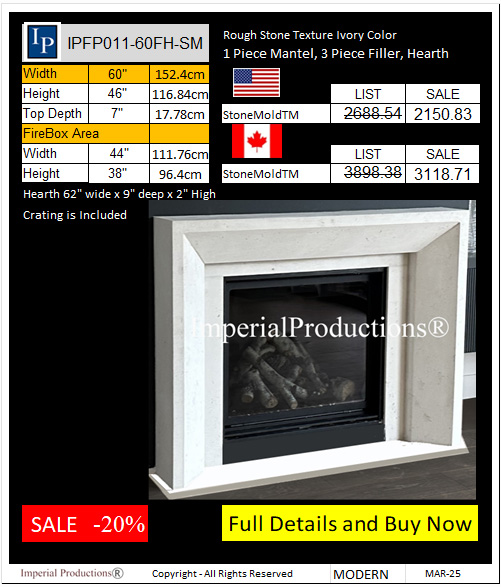 IPFP011-60-FH-SM StoneMold Mantel with Filler and Hearth Modern Style